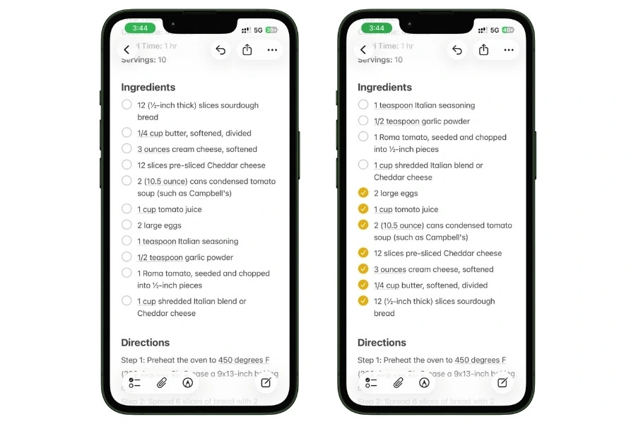 An ingredient checklist with some items checked and auto-sorted to the bottom, unchecked items visible at top