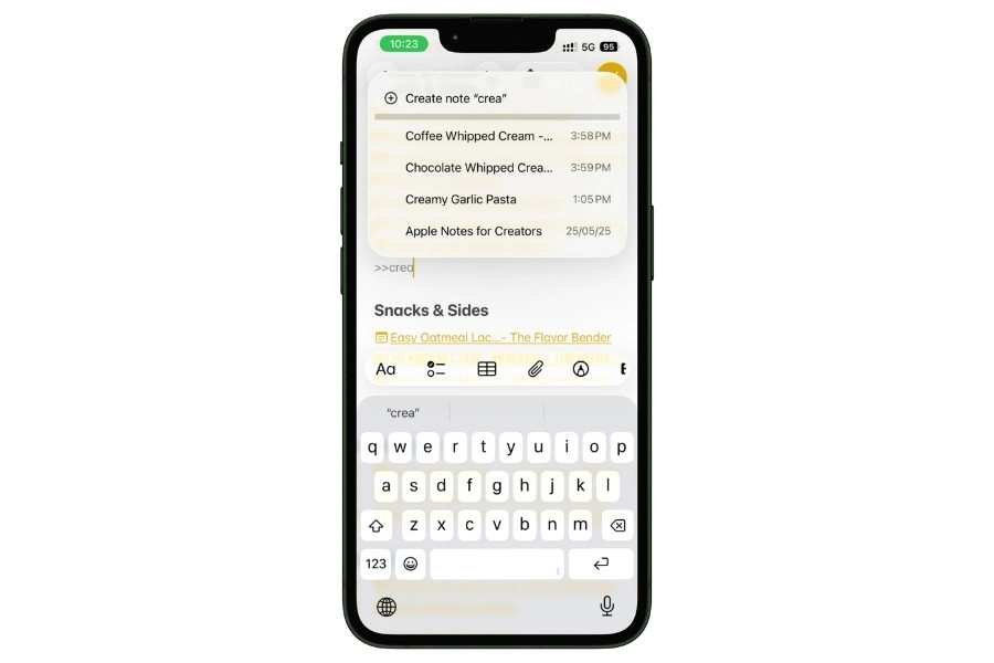 Apple Notes showing recipe note suggestions in the >> link autocomplete dropdown while typing
