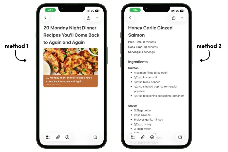 Side-by-side of both methods' output for the same recipe — Share Sheet link preview vs. ChatGPT-formatted recipe note