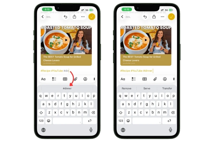 Side-by-side screenshot of the tag picker in Apple Notes and tags added at the bottom of a recipe note