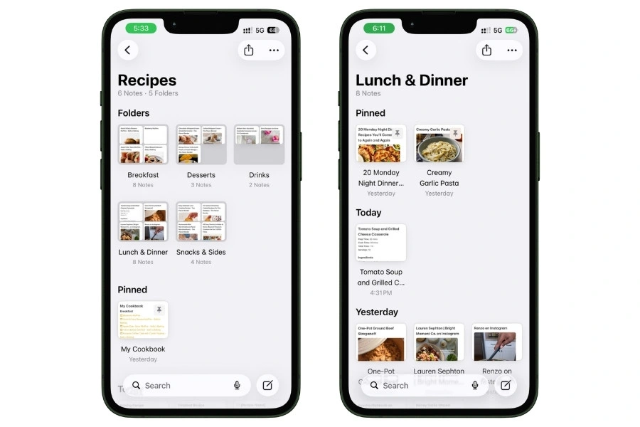 Side-by-side screenshot of the main Recipes folder and the recipe notes inside it in Apple Notes