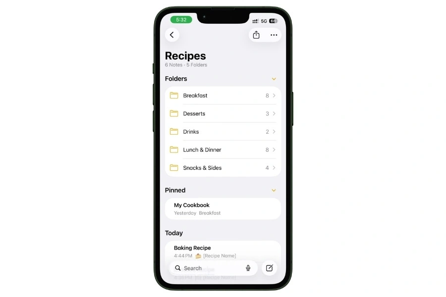 Recipes folder in Apple Notes showing meal-type subfolders for organizing saved recipes