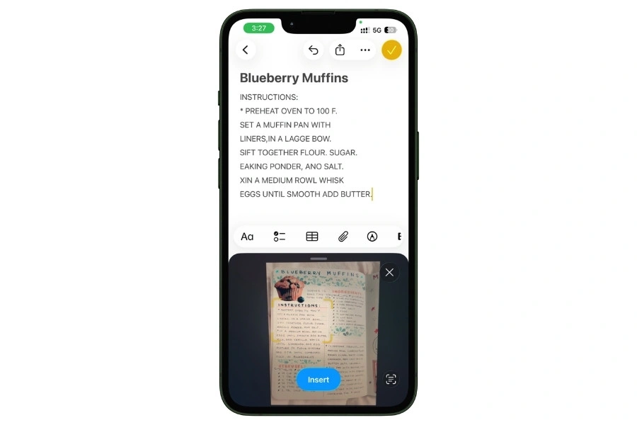 Scan Text in action — camera pointed at a recipe card with text being extracted in real-time
