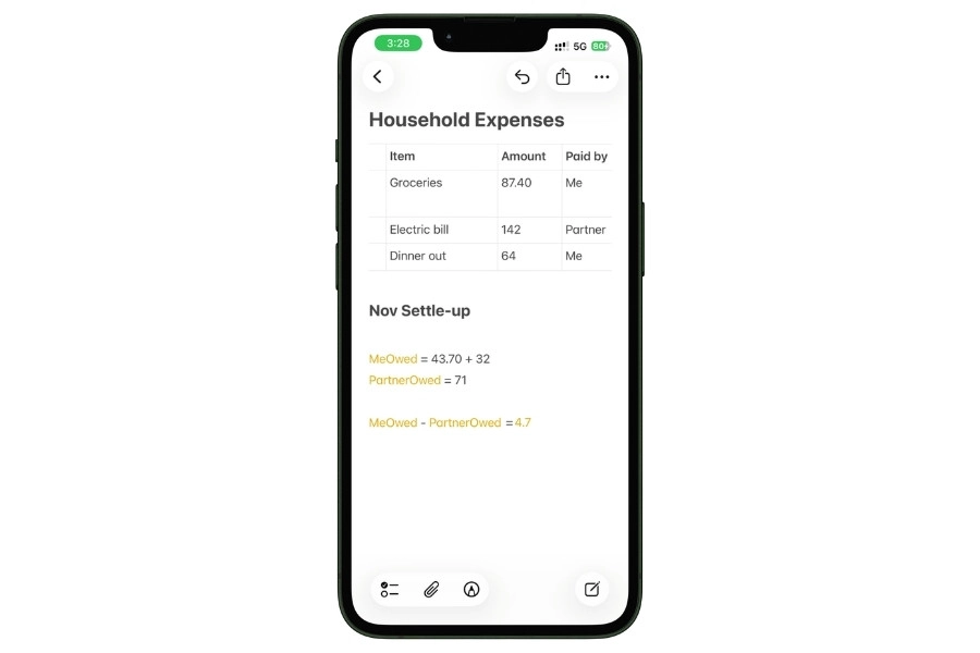 Screenshot of Apple Notes on iPhone showing a household expenses table and a Math Notes monthly settle-up calculation for shared costs.