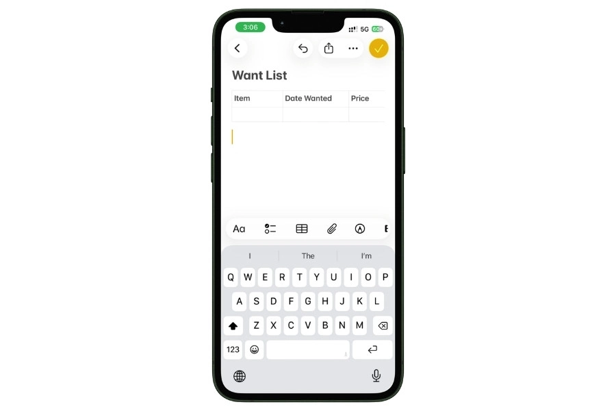 Screenshot of Apple Notes on iPhone showing a Want List note with a three-column table for Item, Date Wanted, and Price.