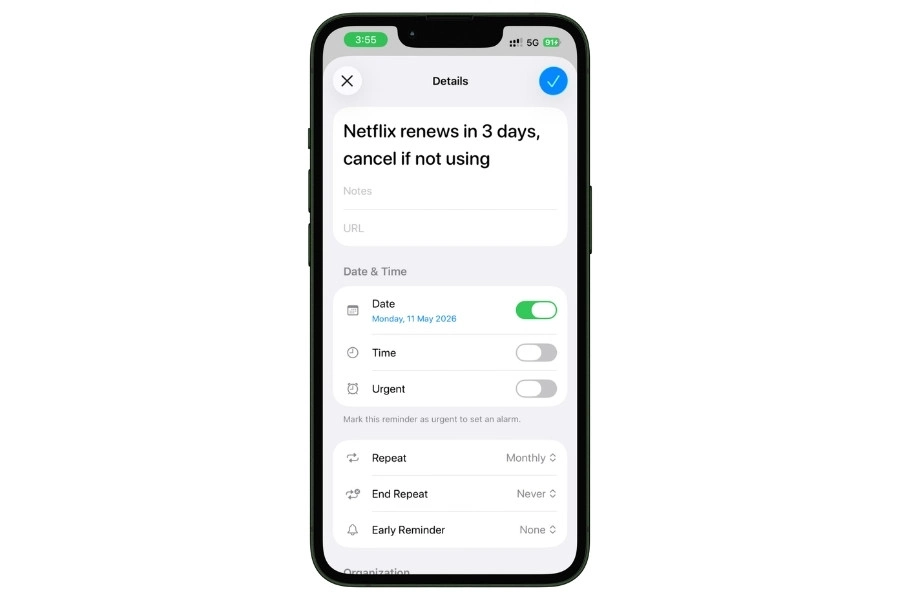 Screenshot of Apple Reminders on iPhone showing a monthly reminder to cancel Netflix three days before the subscription renews.