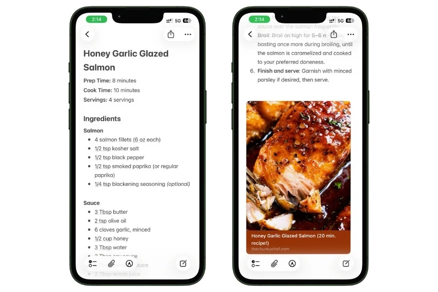 Example of a clean recipe saved in Apple Notes after using ChatGPT to extract ingredients and instructions from a recipe website
