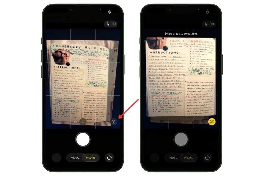 iPhone Camera app showing the Live Text button while pointing at a cookbook recipe page