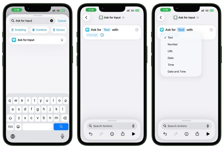 Screenshot of the Shortcuts app on iPhone showing the Ask for Input action being added and changed from Text to Number for an expense logger shortcut.