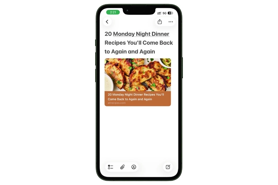A recipe saved via Share Sheet — showing the link preview card with no actual recipe text