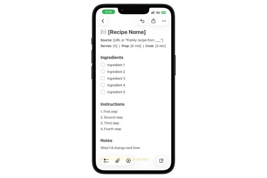 A simple everyday recipe note template in Apple Notes with sections for ingredients, steps, and source link