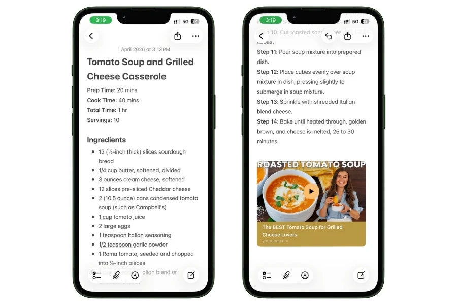 A recipe note in Apple Notes with the ChatGPT-extracted recipe and the original YouTube video link pasted at the bottom