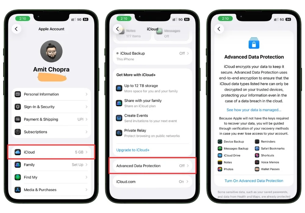 Screenshot showing how to enable Advanced Data Protection on iPhone by going to Settings, tapping your Apple Account, opening iCloud, and selecting Advanced Data Protection.