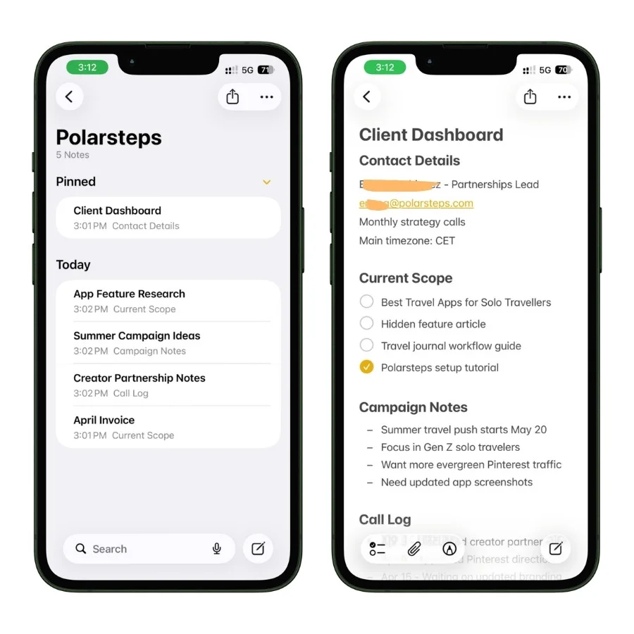 Apple Notes screenshots showing a client workspace setup for Polarsteps, including a client folder with project notes and a detailed client dashboard note with contact details, project scope, campaign notes, and call logs.