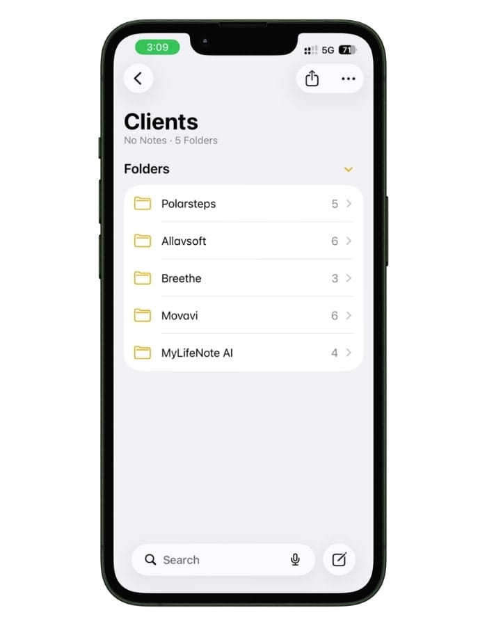Apple Notes screenshot showing a client management folder setup with separate folders for Polarsteps, Allavsoft, Breethe, Movavi, and MyLifeNote AI inside a main Clients folder.