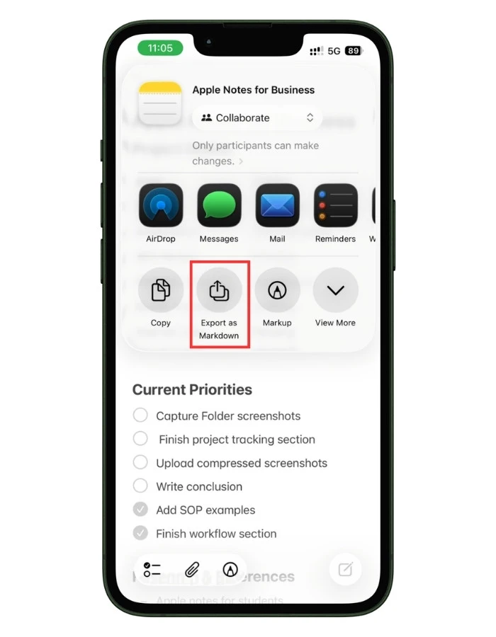 Screenshot showing the “Export as Markdown” option in the Apple Notes share menu on iOS 26.