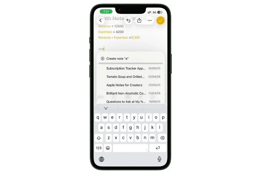 Apple Notes internal note linking feature on iPhone 13 showing connected notes and quick navigation between notes without Apple Intelligence