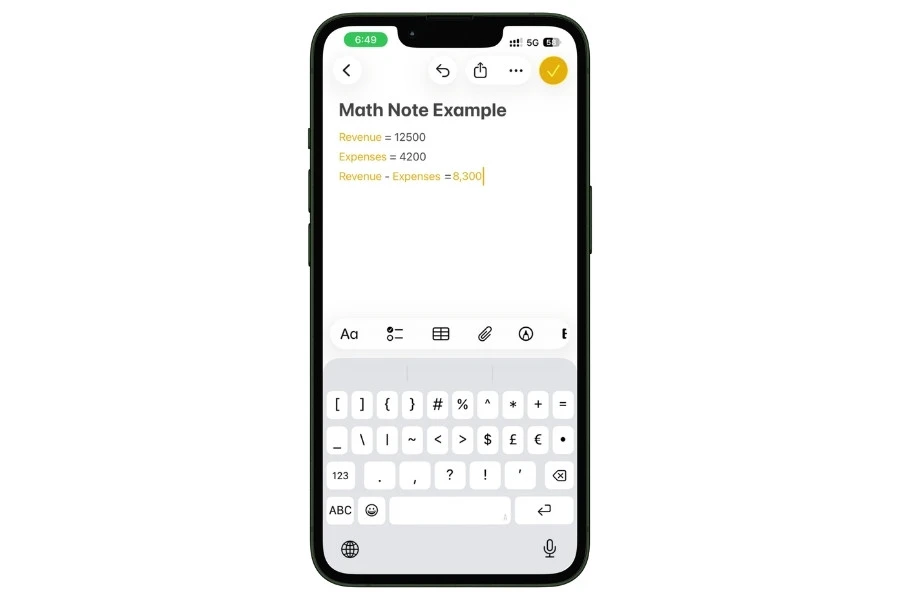 Apple Notes Math Notes feature calculating revenue and expenses automatically on iPhone 13 without Apple Intelligence