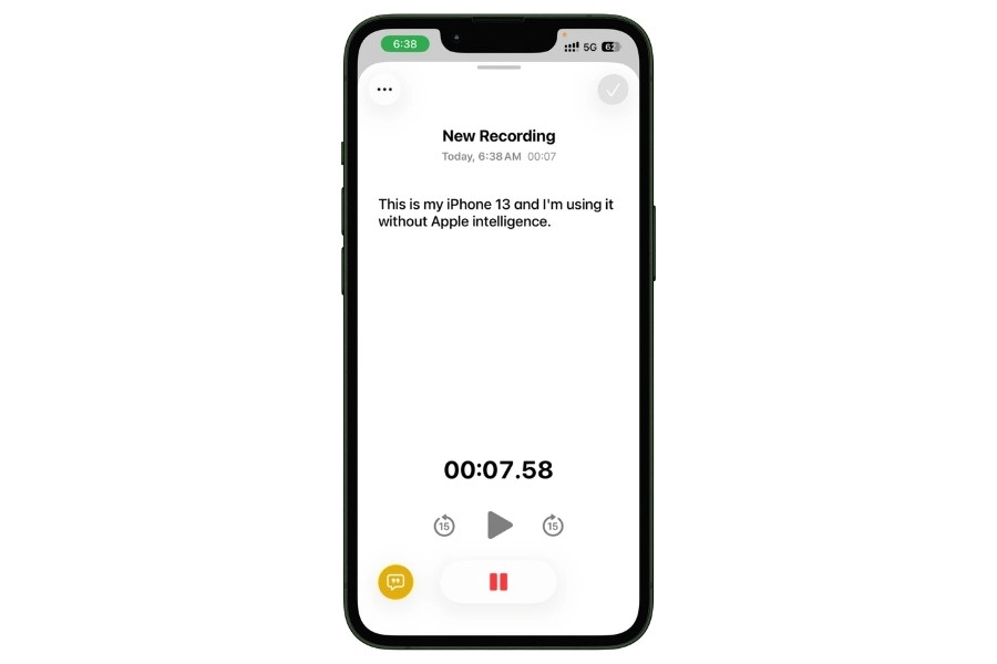 iPhone 13 showing Apple Notes voice recording feature working without Apple Intelligence