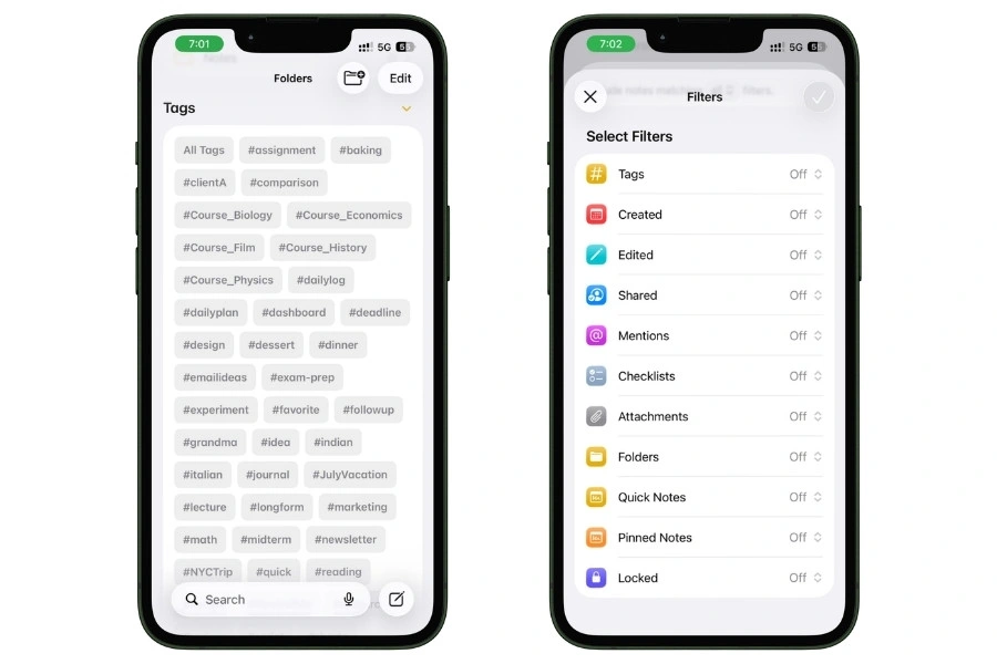 Apple Notes tags and Smart Folders organization system on iPhone 13 showing note filters, tags, and automatic sorting features without Apple Intelligence