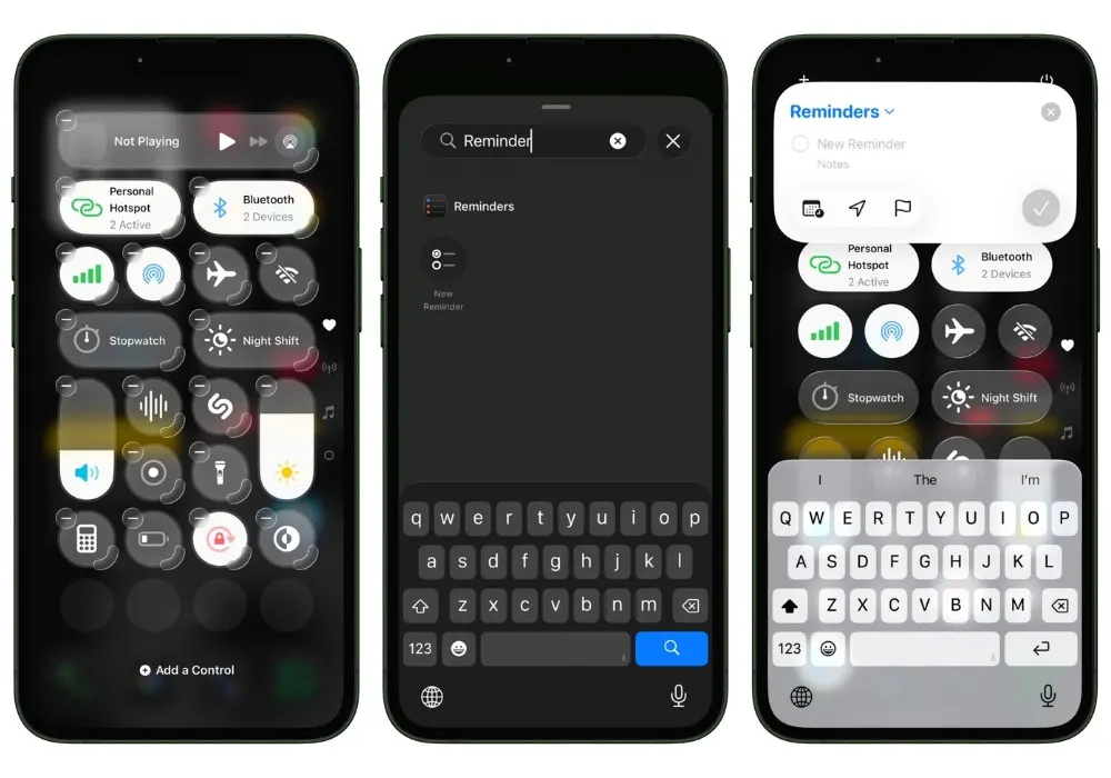 iPhone Control Center showing the New Reminder control being added for quick access.