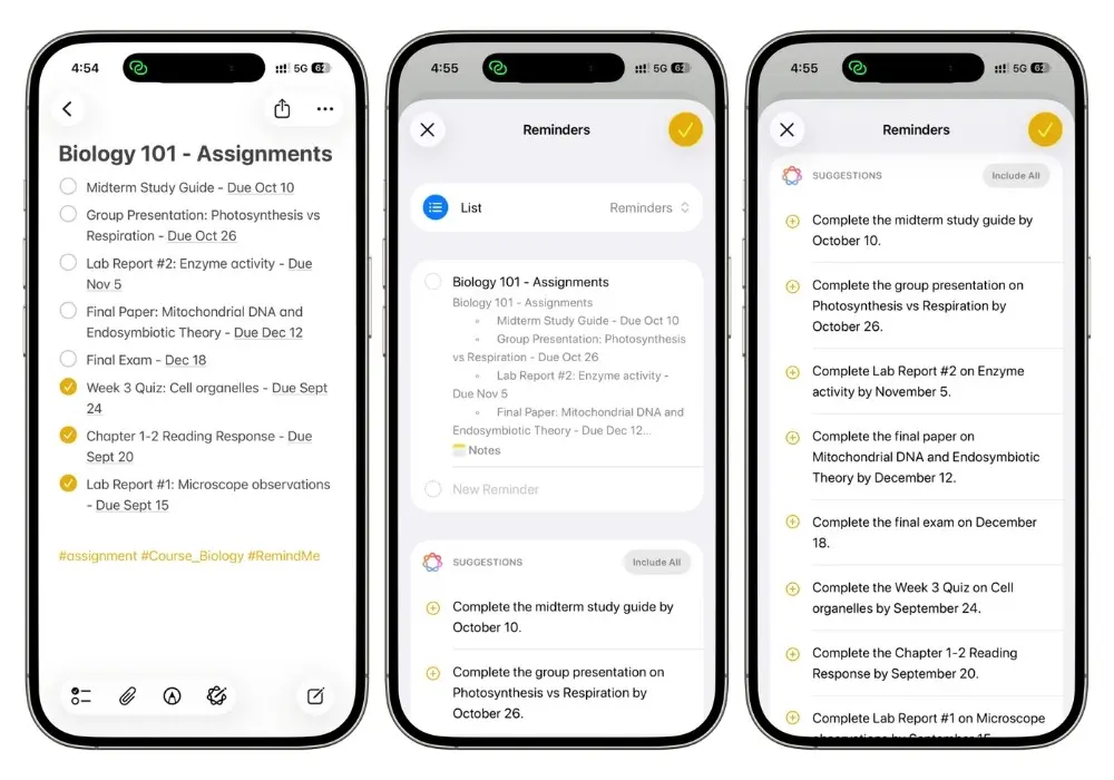 Screenshot showing Apple Intelligence Suggested Reminders automatically extracting multiple assignments and due dates from a Biology note and converting them into reminder tasks