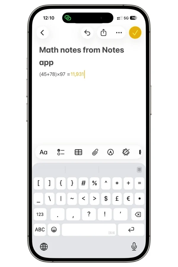 Simple math equation entered in Apple Notes with Math Notes automatically displaying the result