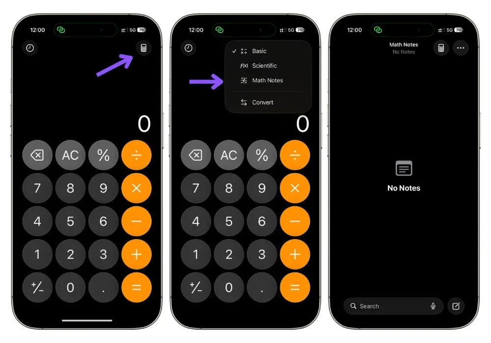 Calculator app menu showing Basic, Scientific, Math Notes, and Convert options before opening Apple Math Notes