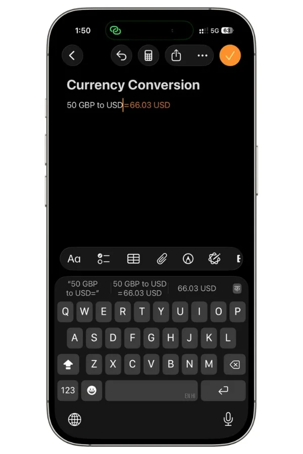 Apple Math Notes converting GBP to USD directly inside a note using built-in currency conversion