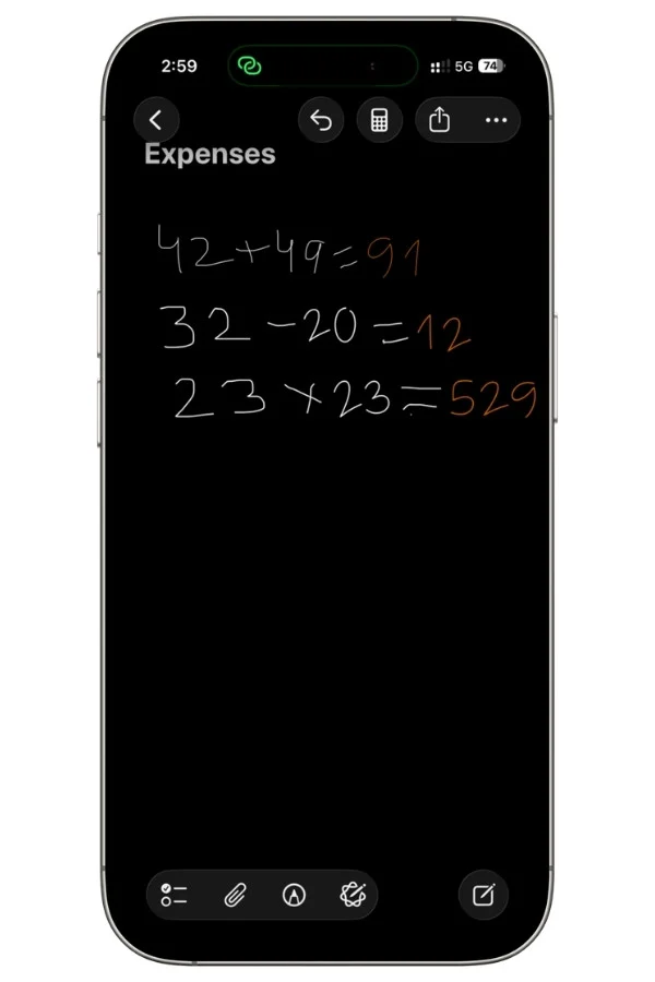 Handwritten math expression in Apple Math Notes with the answer appearing automatically after adding an equals sign