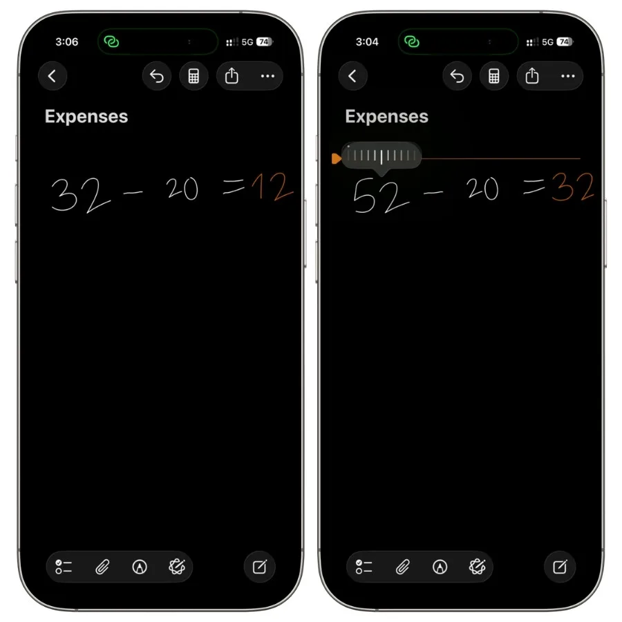 Apple Math Notes slider appearing above a handwritten number to adjust the value and update the calculation result in real time