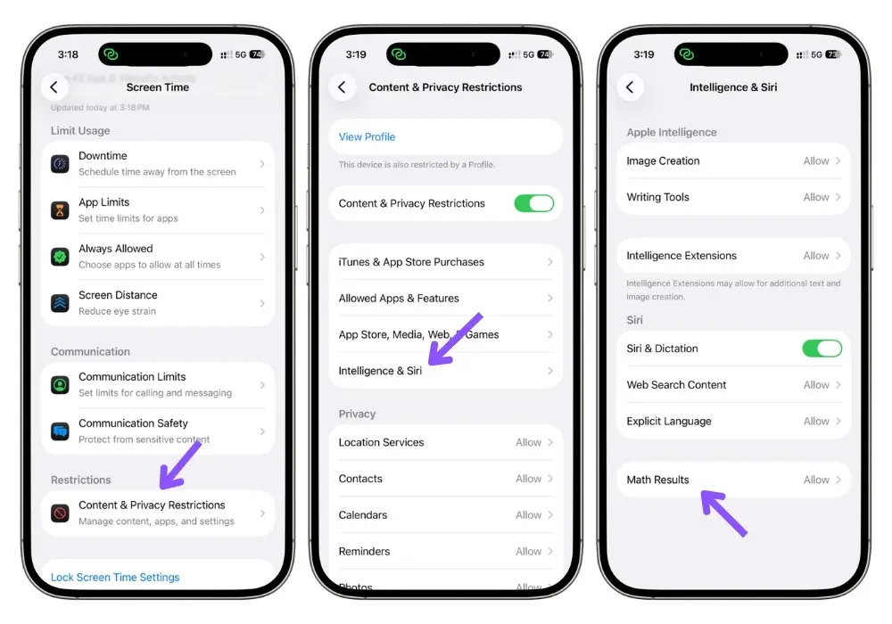 Screen Time settings on iPhone showing the option to disable Math Results through Content & Privacy Restrictions