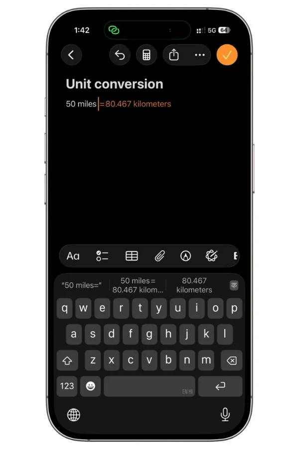 Apple Math Notes converting 50 miles to kilometers directly inside a note without using a separate converter