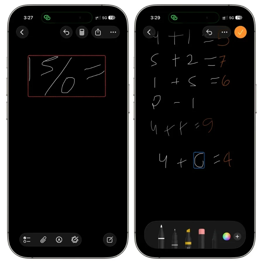 Apple Math Notes showing red and blue dotted underlines indicating an unsolved expression and an unclear handwritten character