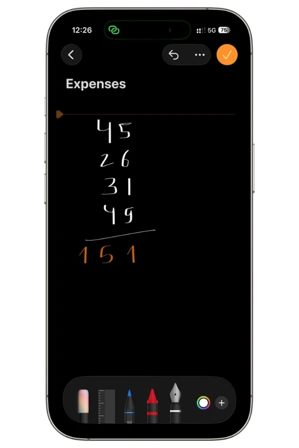 Handwritten column of numbers in Apple Math Notes with a horizontal line underneath to calculate the total automatically