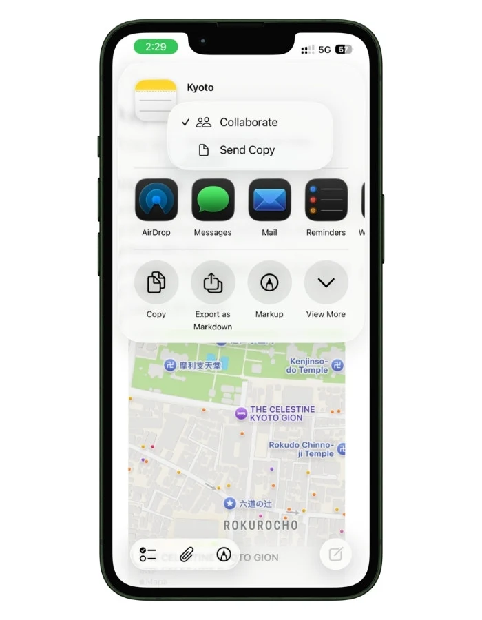 Screenshot of the Apple Notes share menu for a travel note. The Collaborate option is selected instead of Send Copy, and sharing options such as Messages are displayed.