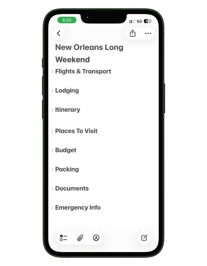Screenshot of a travel master note in Apple Notes showing multiple collapsed headings.