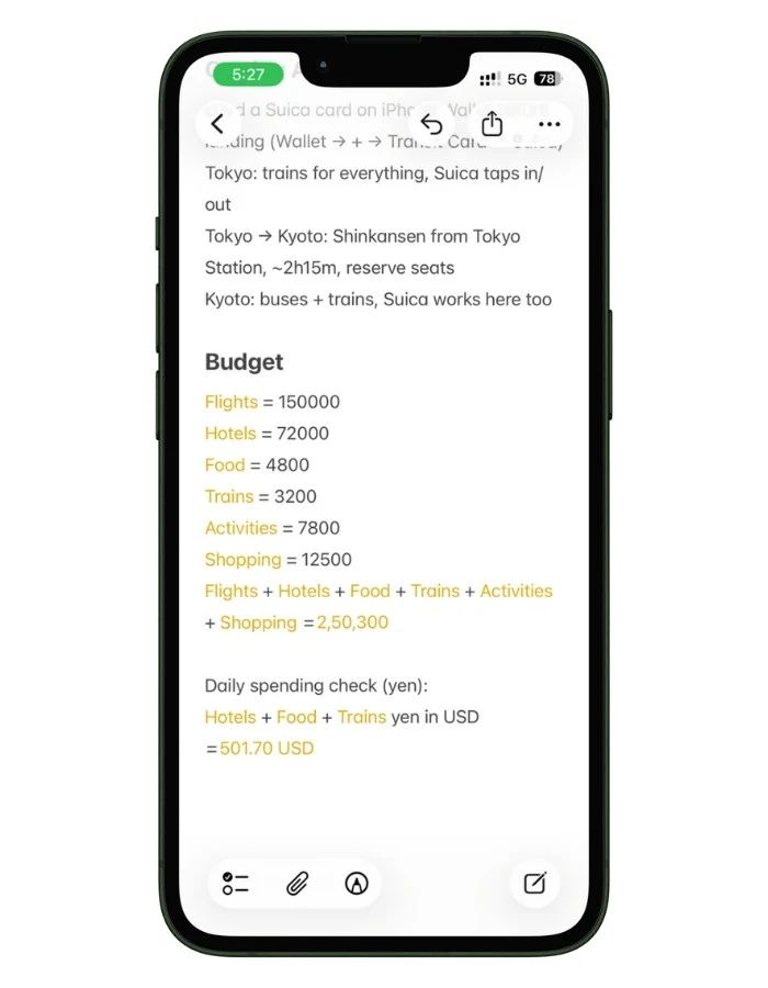 Screenshot of an Apple Notes Math Note used for travel budgeting in Japan.