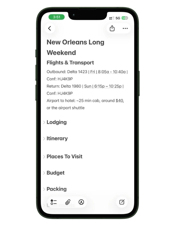 Screenshot of the Flights and Transport section in an Apple Notes travel planner.