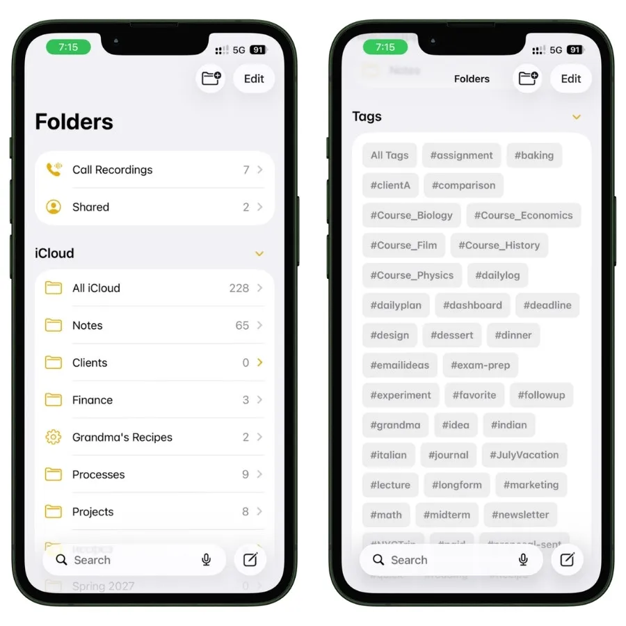 Screenshot showing Apple Notes folders, smart folders, and Tags used for note organization
