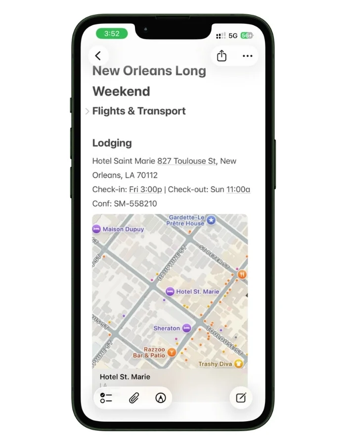 Screenshot of the Lodging section in an Apple Notes travel planner.