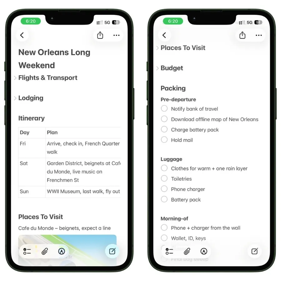 Screenshot showing how Apple Notes combines a checklist, table, text, and images within the same travel note