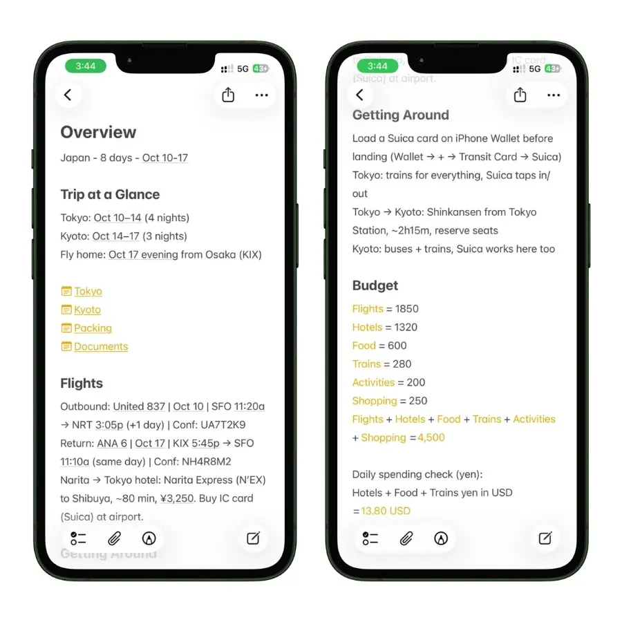 Screenshot of an Apple Notes travel folder showing a pinned "Overview" note at the top. The overview note serves as the trip's home base, making it easy to access key information, links, and navigation to other travel notes within the folder.