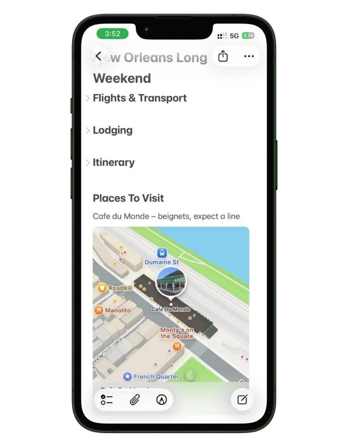 Screenshot of the Places to Visit section in an Apple Notes travel planner.