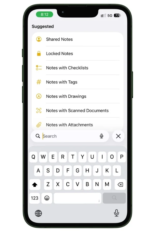 creenshot showing Apple Notes search with suggested filters for attachments, checklists, locked notes, and recent searches