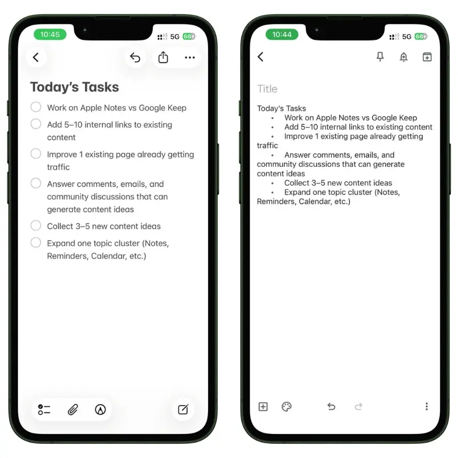 Screenshot comparison showing a formatted Apple Notes note next to the same content pasted into Google Keep