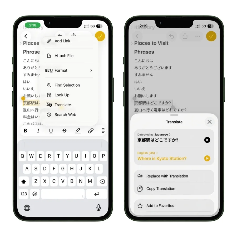 Screenshot of Apple Notes showing a travel phrases section with useful foreign-language phrases and addresses saved for a trip.
