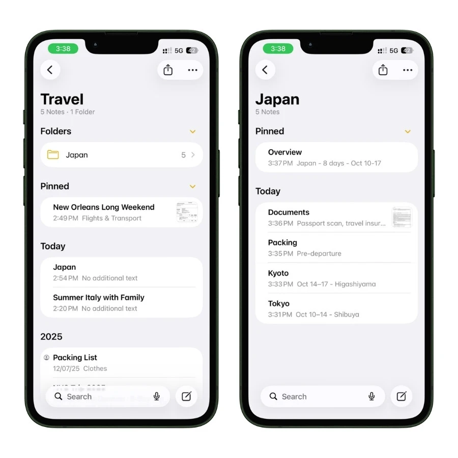 Screenshot of an Apple Notes folder structure for a multi-city Japan trip. A dedicated trip folder contains separate notes for the trip overview, individual cities, packing lists, and travel documents, making a long itinerary easier to organize and navigate.