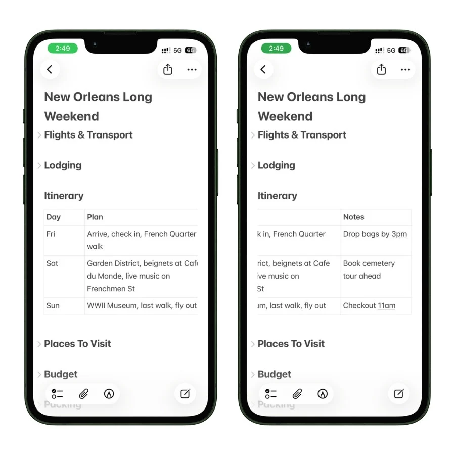 Screenshot of a travel itinerary table in Apple Notes for a New Orleans trip. The table is organized into three columns—day, plan, and notes—showing a clear day-by-day schedule with activities, reservations, and travel reminders in an easy-to-scan format.