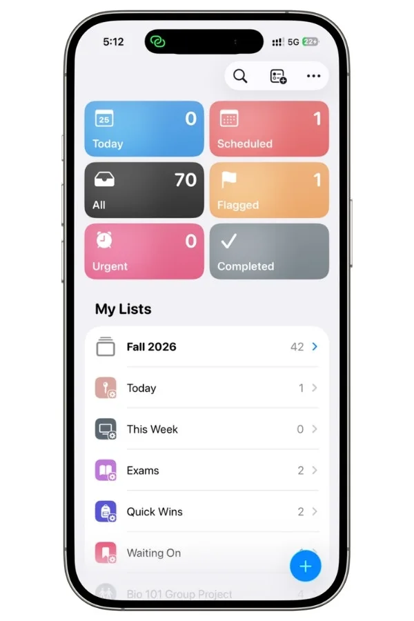 Apple Reminders sidebar showing the built-in Smart Lists